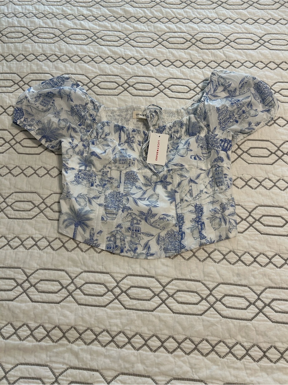 Lucky Brand Blue and White Toile Puff-Sleeve Crop Top